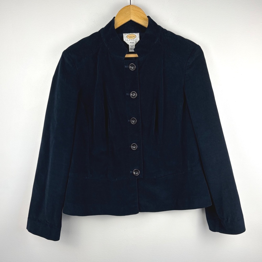 Talbots Petite‎ Stretch Velvet Blazer Sz 12 Stand Up Collar Navy Classic Chic